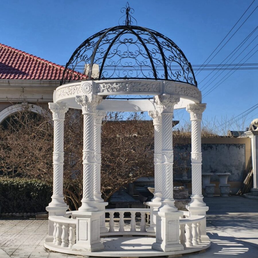 Natural White Marble Gazebo with Black Hollow Iron Dome