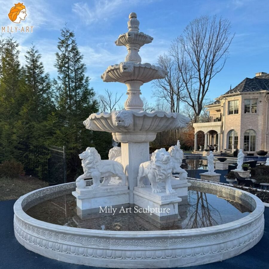 Large Outdoor Marble Fountain with Lion sculpture