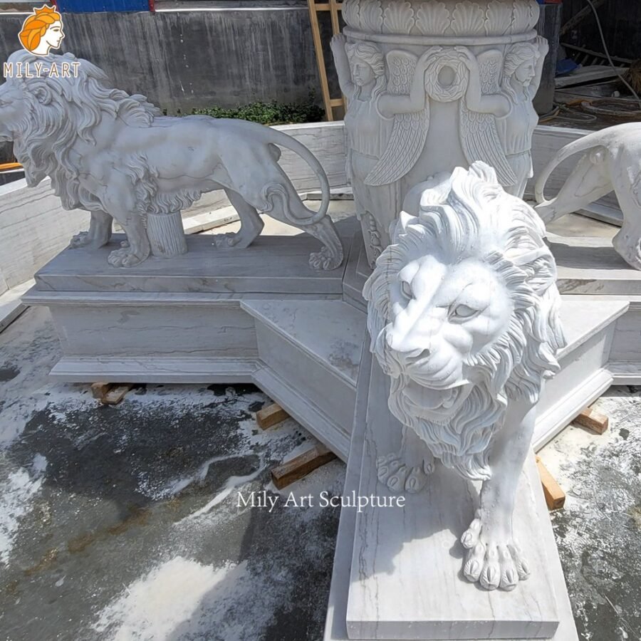 White Marble Fountain Lion Sculpture Detail